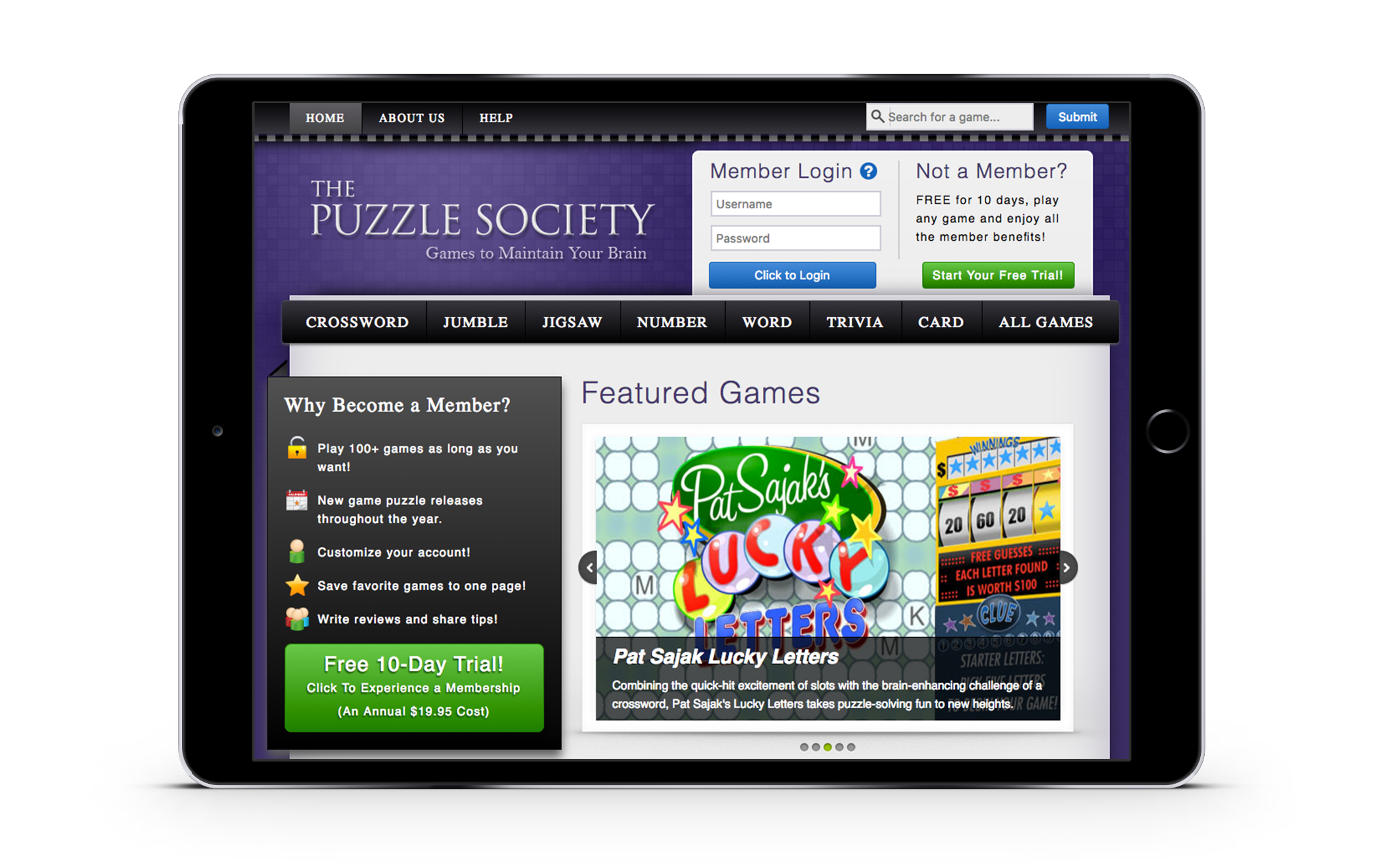 puzzlesociety.com loaded on an iPad